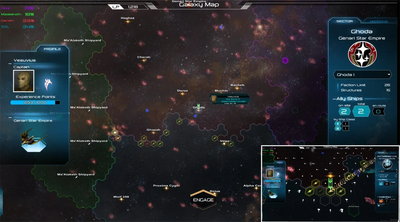 The galaxy map in an early build of the game: faction territory in hexagonal regions, the sector panel for Ghoda and the player's Captain profile