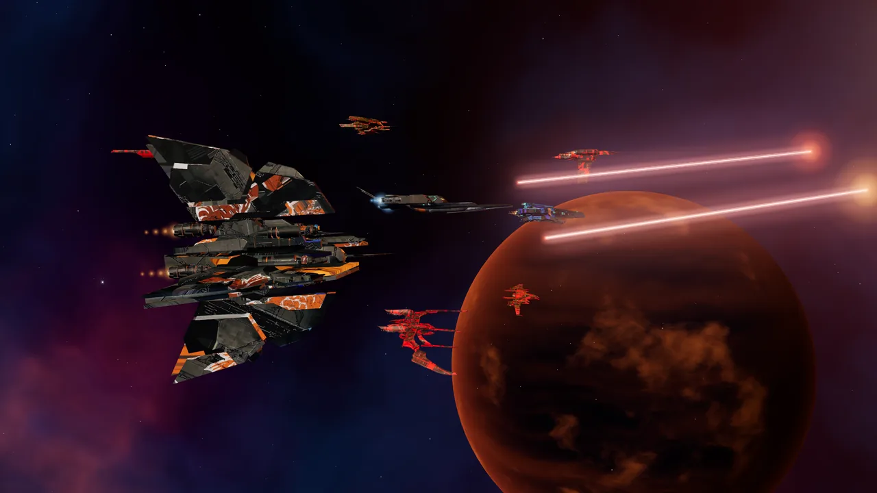 A pirate raiding party in loose attack formation: the Outcast leads Bengbu, Agile Flyer and smaller raiders past an ember-coloured gas giant, beams firing into a dark nebula