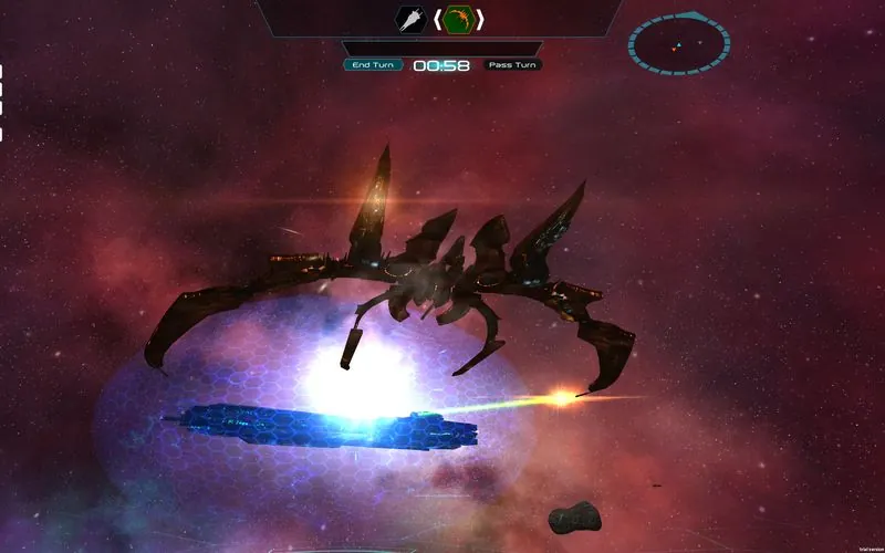 Key art: a Hive warship fires on a Sol cruiser behind a hexagonal force field