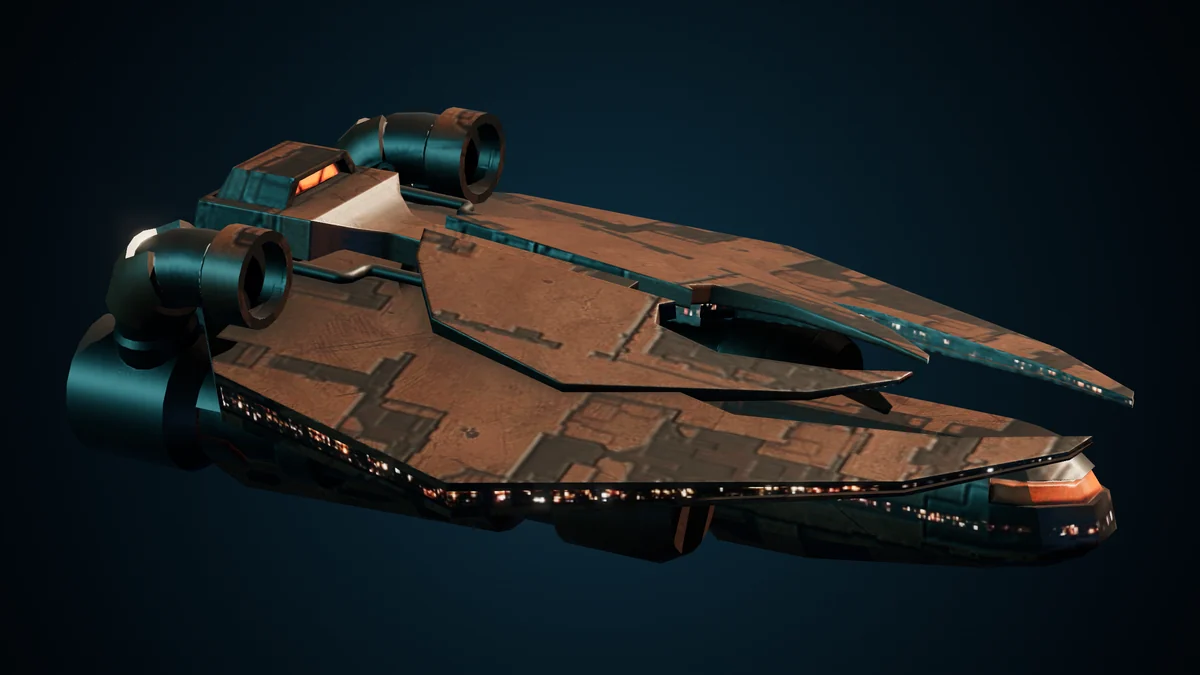 Avenger, a Genari suicide corvette lit in space