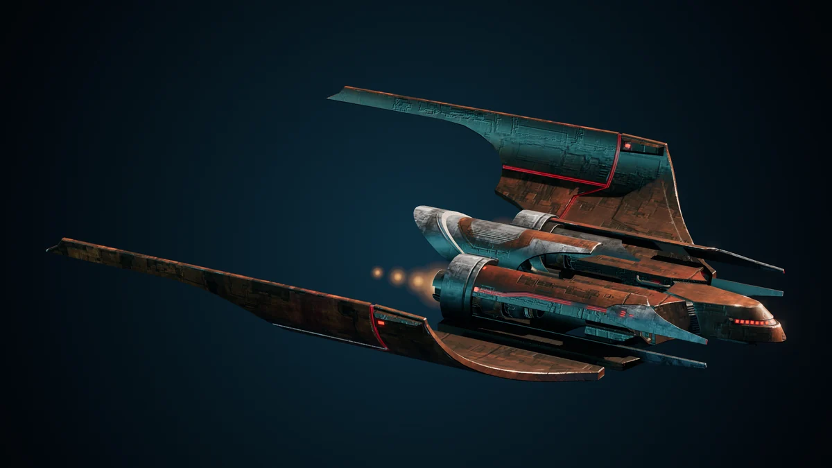 Star Warrior, a Genari assault corvette lit in space