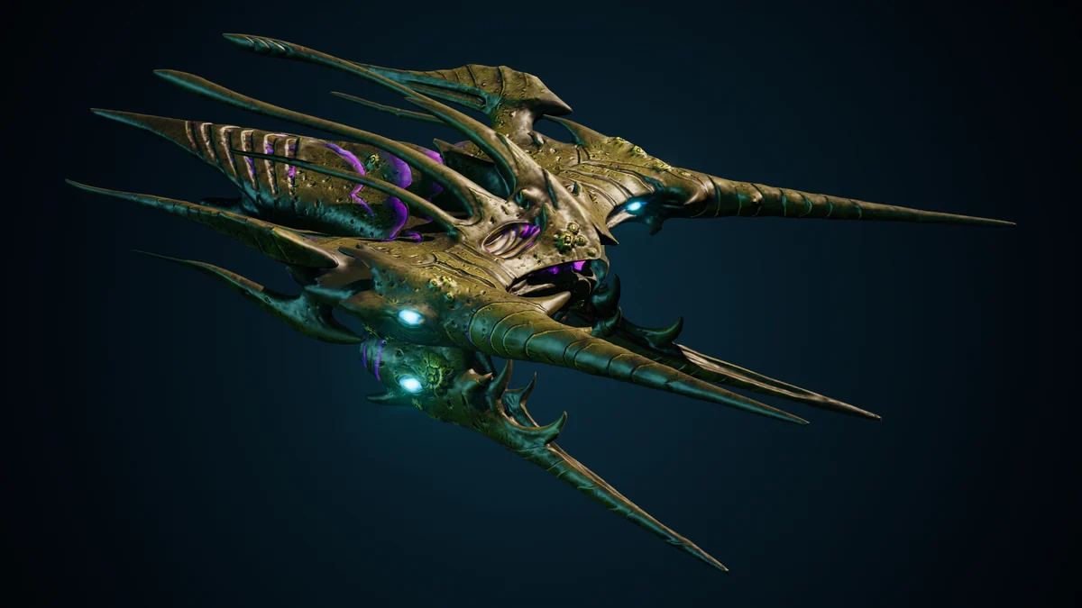 Hive Demolisher, a Hive molting lit in space