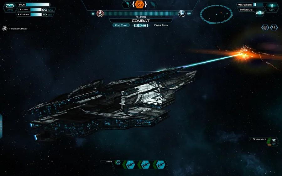 In-game screenshot: a large dark cruiser fires a long laser beam at a distant ship