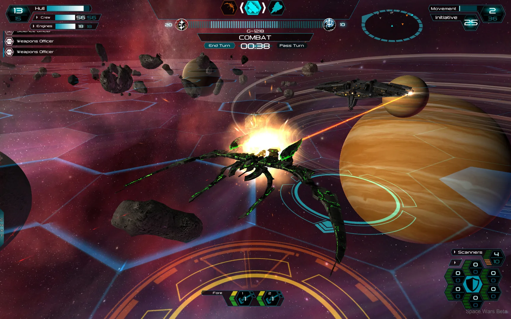 In-game combat in the Steam build: a laser strikes a green and black alien warship in front of a ringed gas giant, asteroids and glowing hex grid, with the turn timer and ship status HUD