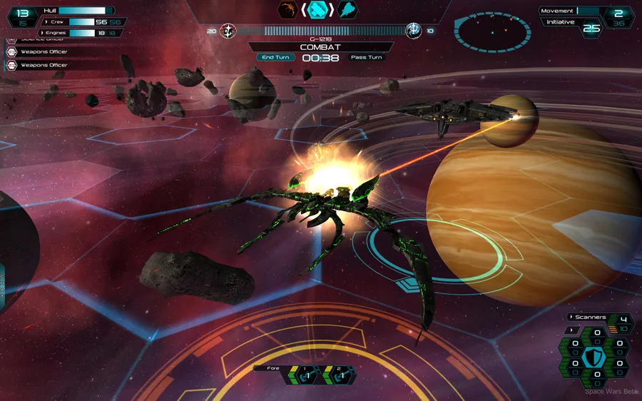 In-game screenshot: a laser hit blooms on a green and black warship in front of a ringed gas giant