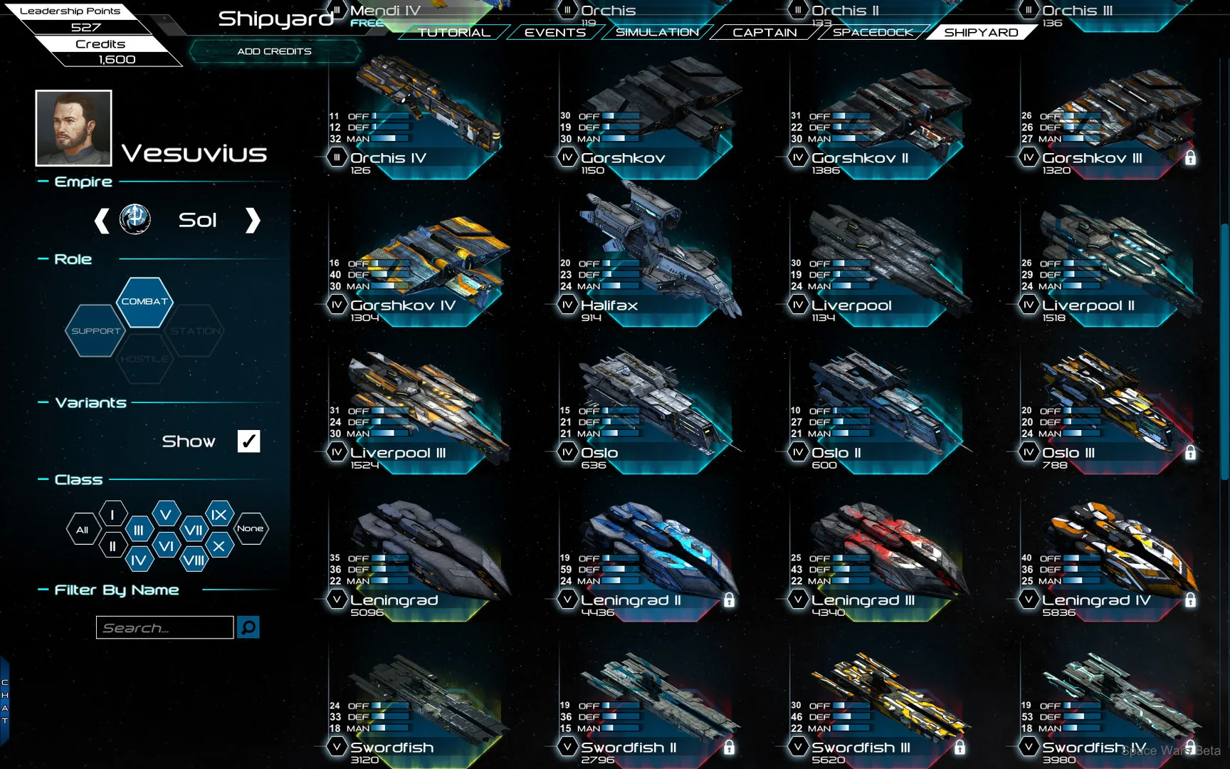 The Shipyard screen in the Steam build: a grid of Sol ships with offense, defense and maneuverability bars, plus empire, role, class and name filters