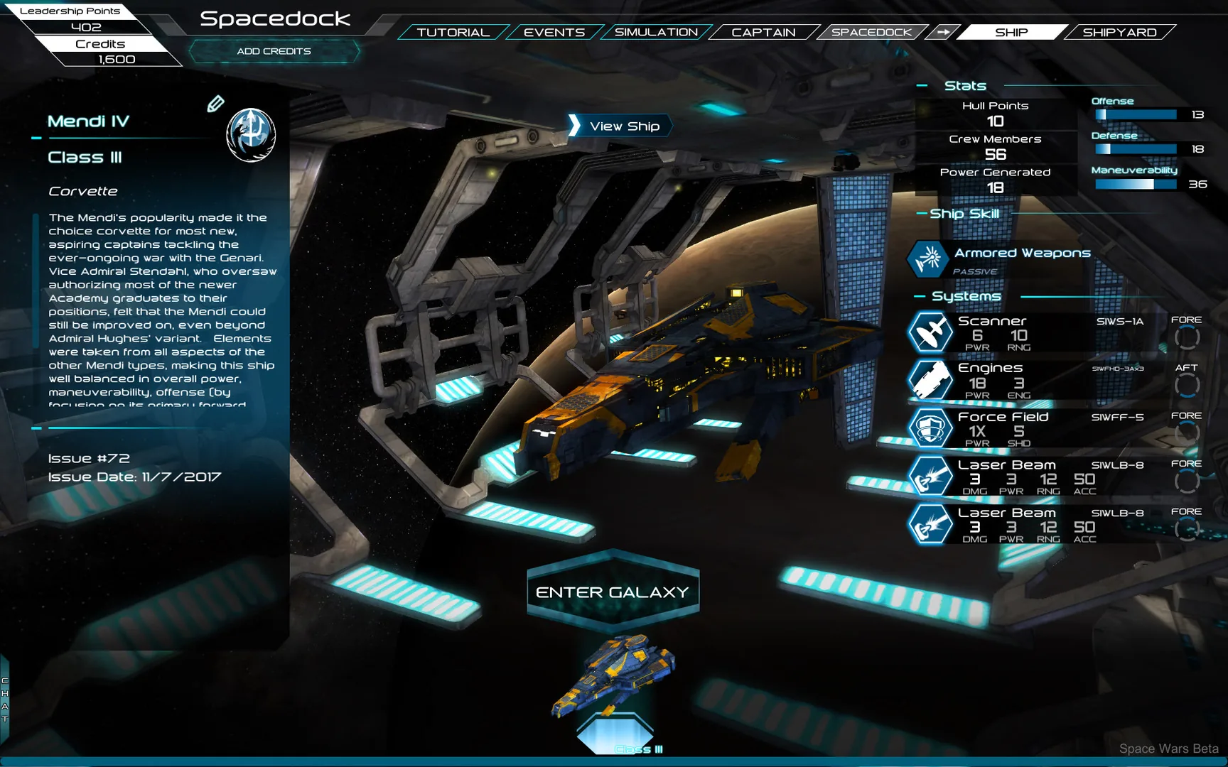 The Spacedock screen in the Steam build: a Mendi IV corvette inspected in the hangar beside its stats, systems and ship skill panels