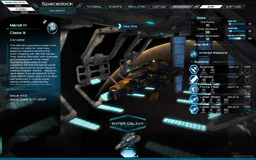 In-game screenshot: the Spacedock hangar view of a corvette with its stats and systems